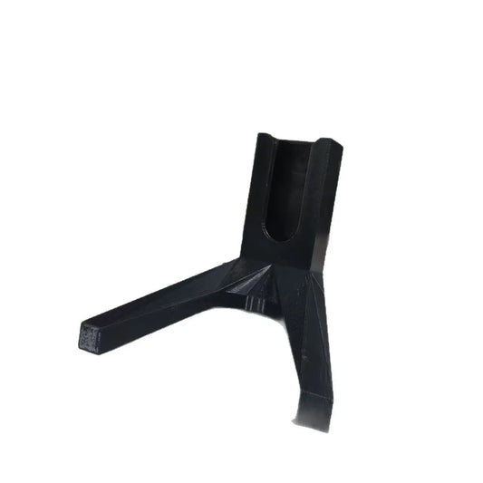 Black plastic mountain bike kickstand tripod stand with three angled legs and u-shaped pedal tripod support slot