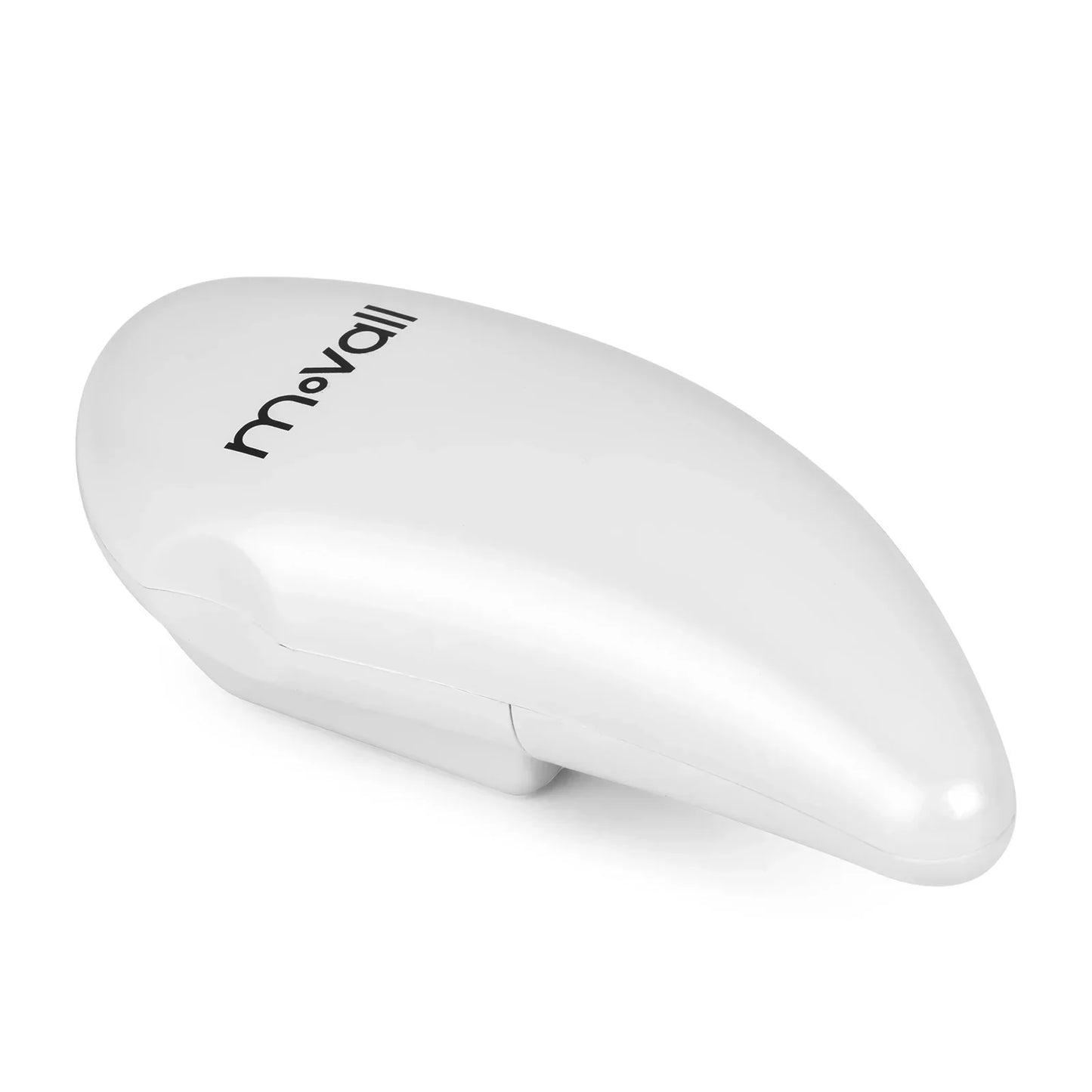 White plastic mewall hand-held can opener with sleek ergonomic design shown with movall infinite sustainer guitar pedal electronic bow sustain delay pedal