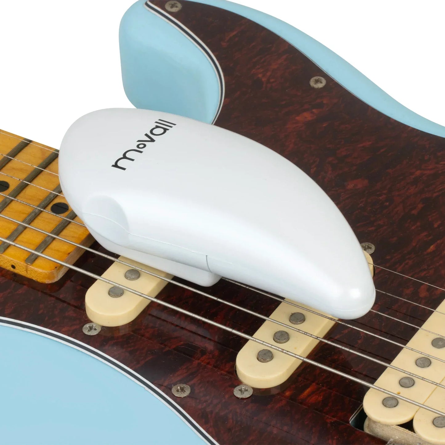 White plastic movaii guitar string winder with ergonomic design for infinite sustainer guitar and sustain delay pedal use