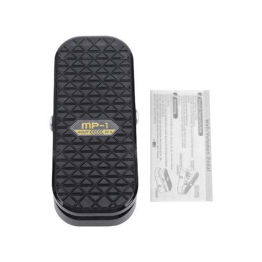 Black mp-1 guitar wah volume pedal with textured triangular pattern and gold branding featuring shielded inductor guitar wah volume effects