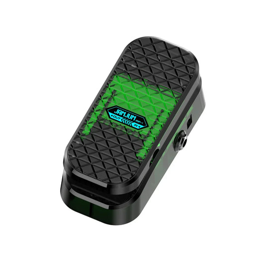 Black and green jammum mp-1 mini wah volume pedal with textured diamond-patterned top and shielded inductor for electric guitar