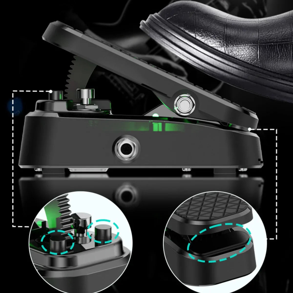 Black metal mini wah volume pedal with green led, textured footplate, pure analog wah, and shielded inductor for guitar