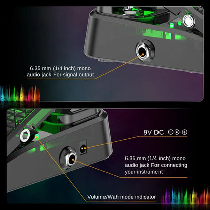Black mp-1 mini wah volume pedal with shielded inductor, pure analog wah, green led lights, 635 mm jacks, 9v dc input