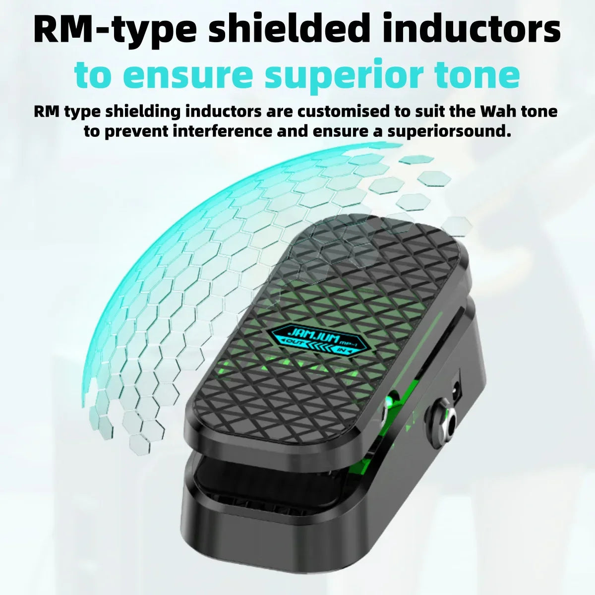 Black mini wah volume pedal with textured diamond top surface and green led accents featuring shielded inductor and pure analog wah