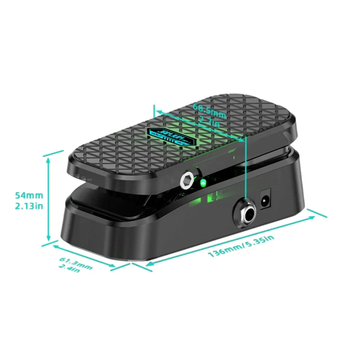 Black mini wah volume pedal with textured footplate green led indicator lights and shielded inductor pure analog wah