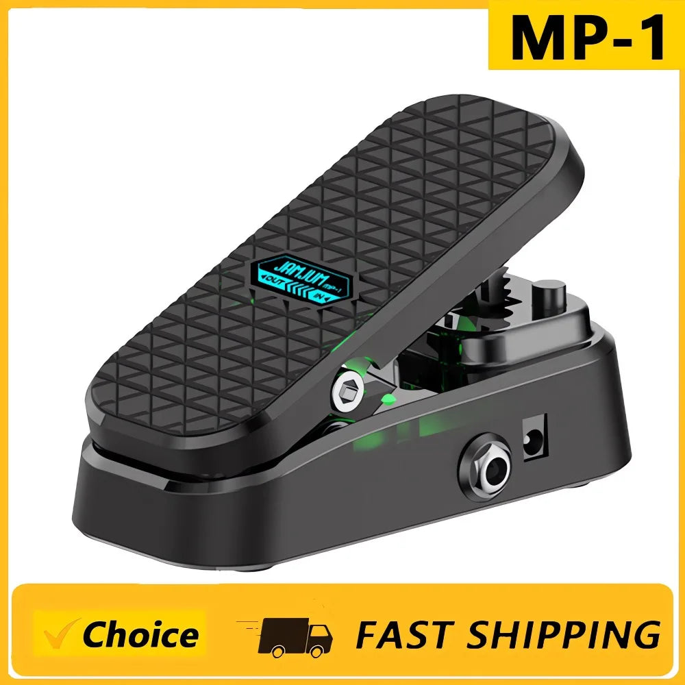 Black mp-1 volume wah pedal with textured footplate glowing green led lights required cushioned feet for no noise control