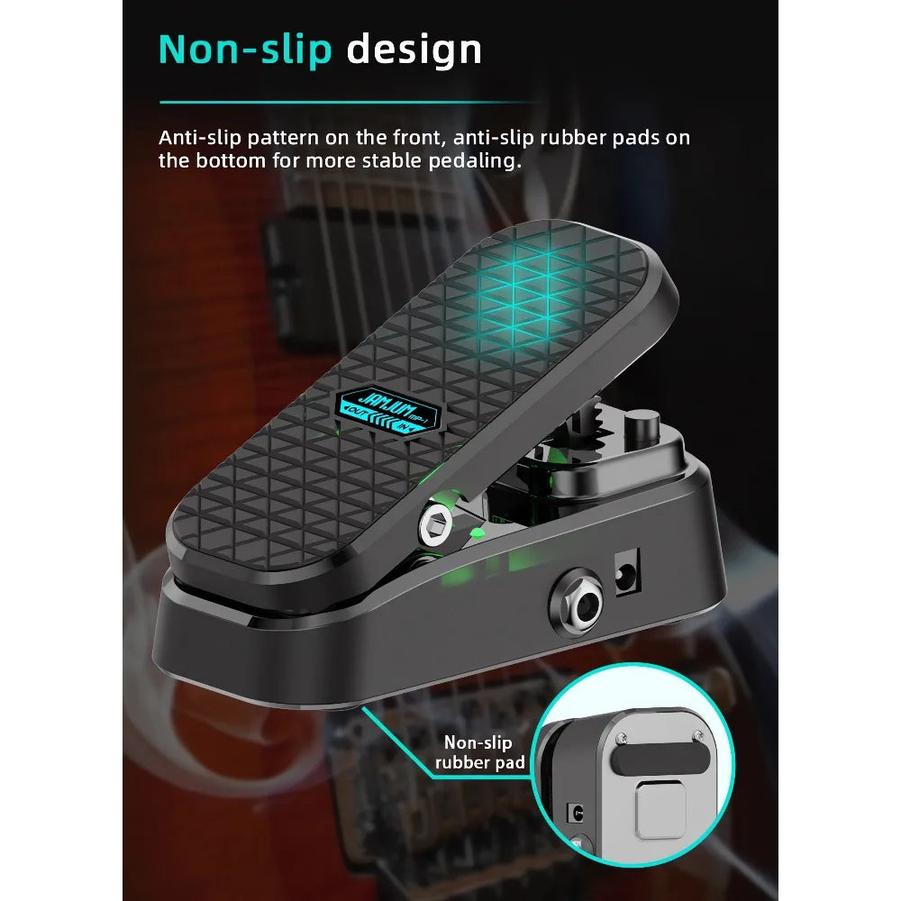 Black mp-1 volume wah pedal with textured anti-slip surface green led lighting and required cushioned feet for no noise control