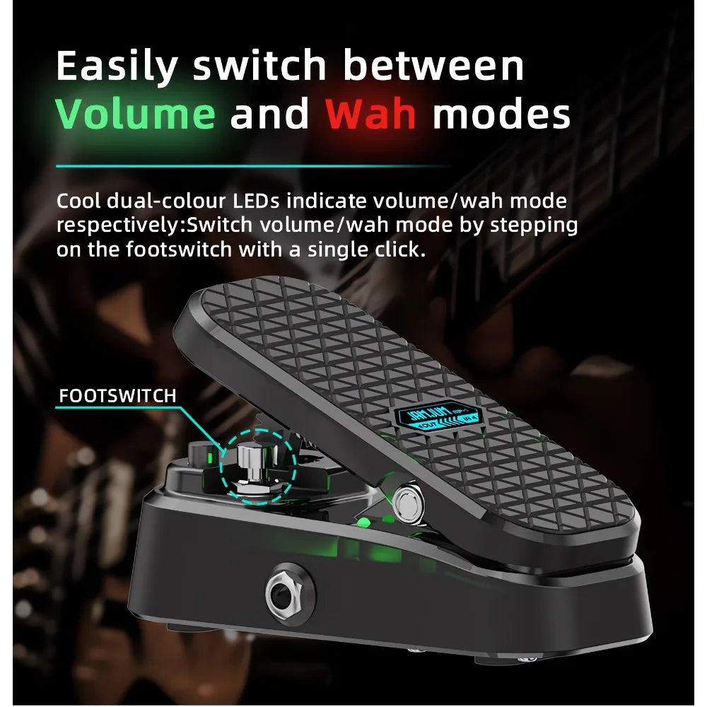Black rubberized volume wah pedal with textured surface and illuminated green led indicator featuring required cushioned feet