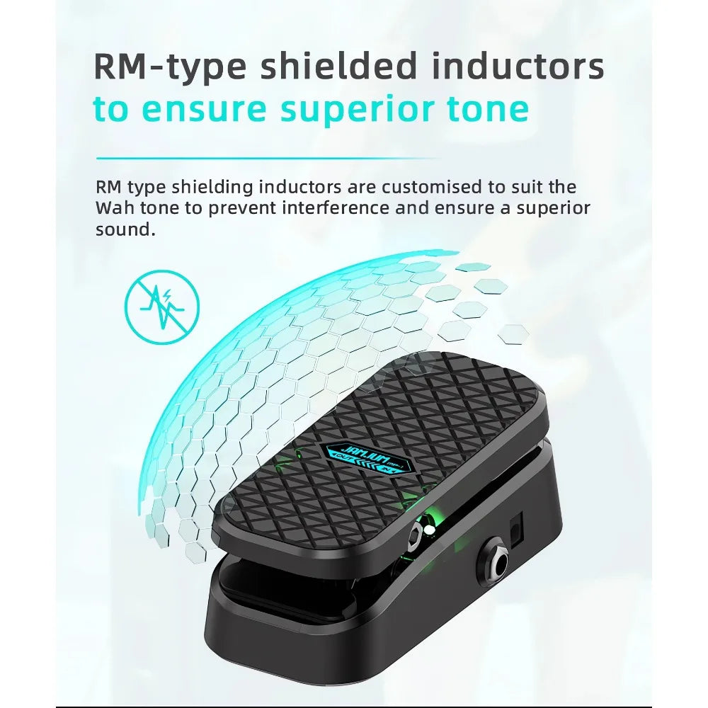 Black volume wah pedal with textured diamond-patterned footplate and glowing green led indicator with required cushioned feet