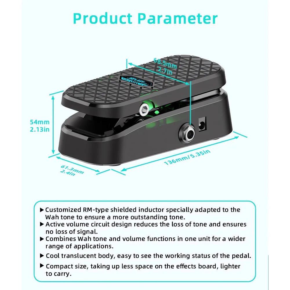 Black volume wah pedal with textured footplate and translucent body featuring required cushioned feet for no noise control