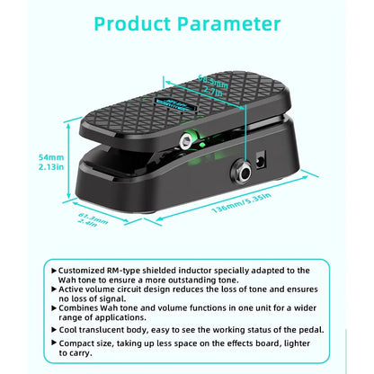 Black volume wah pedal with textured footplate and translucent body featuring required cushioned feet for no noise control