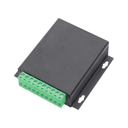 Black rectangular mp3 audio player module with green terminal blocks featuring touch-free photoelectric sensor for playgrounds