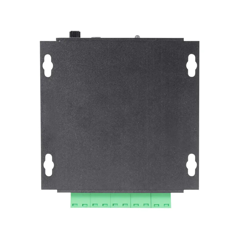 Black rectangular mp3 audio player with green terminal block and knob featuring touch-free sensor for playground use