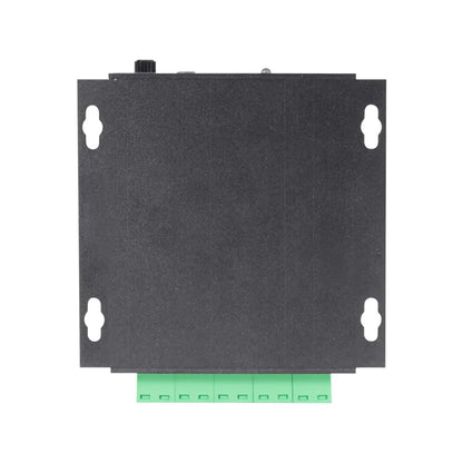 Black rectangular mp3 audio player with green terminal block and knob featuring touch-free sensor for playground use