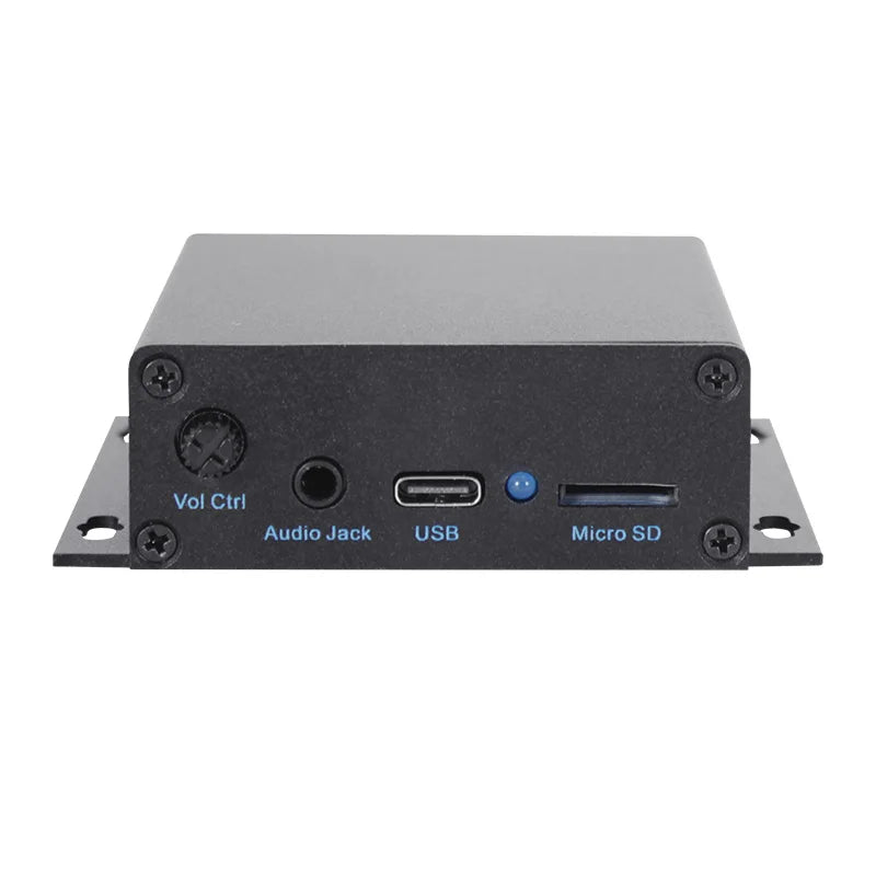 Black rectangular mp3 audio player with matte finish featuring labeled ports for play multiple audio and touch-free sensor use