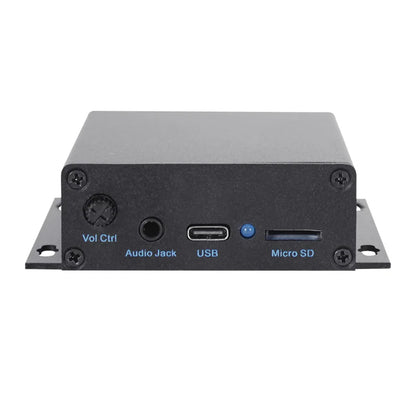 Black rectangular mp3 audio player with matte finish featuring labeled ports for play multiple audio and touch-free sensor use