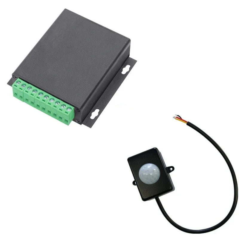 Black rectangular motion activated sound and light controller with green terminal block and touch-free photoelectric sensor