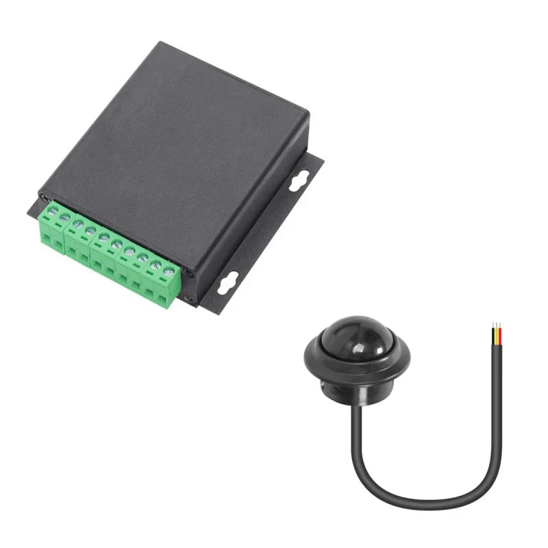 Black rectangular mp3 audio player motion sensor controller with green terminal block and touch-free photoelectric sensor cable