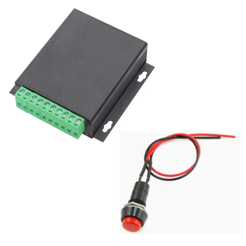 Black rectangular electronic control box with green terminal block and red push button switch for touch-free sensor audio play