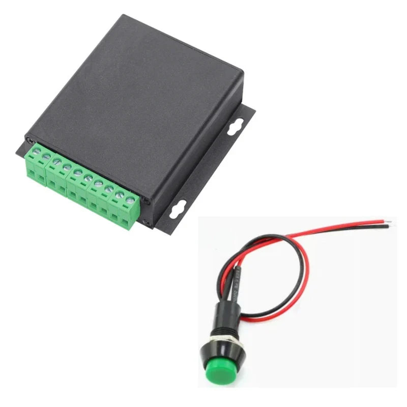 Black rectangular electronic control box with green terminal block and separate push-button switch for touch-free sensor audio playback
