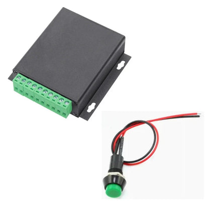 Black rectangular electronic control box with green terminal block and separate push-button switch for touch-free sensor audio playback