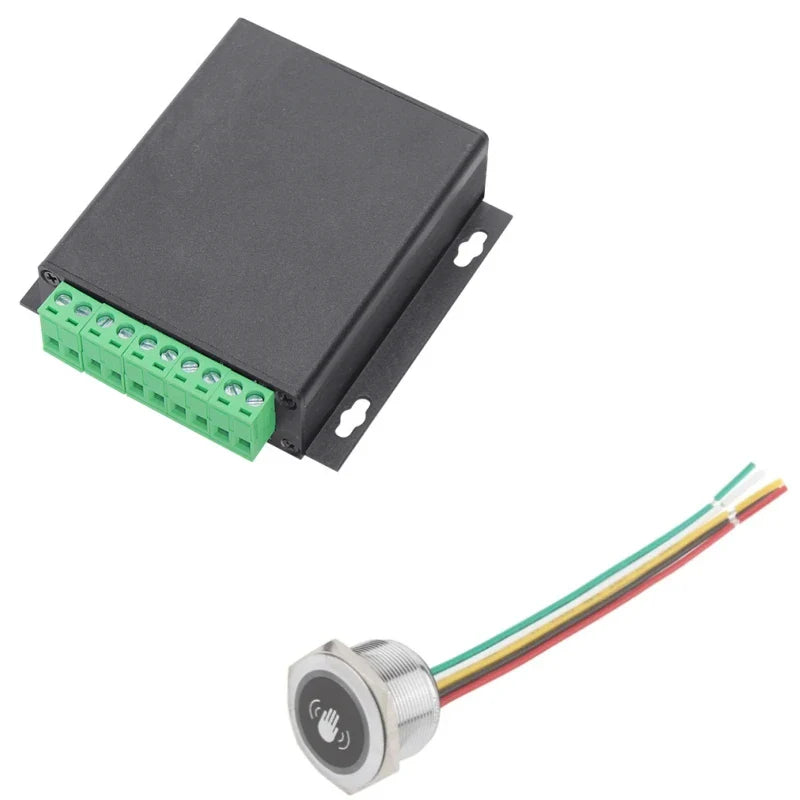 Black rectangular mp3 audio player with green terminal connectors and touch-free sensor button for playground sound control