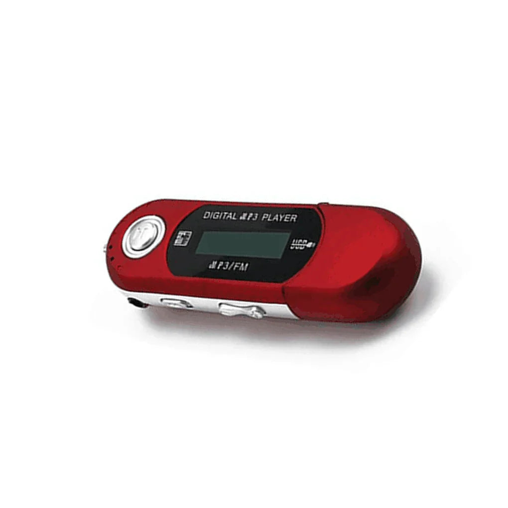 Red and silver mini mp3 player with sleek rounded design supports 32g tf card and features one finger control