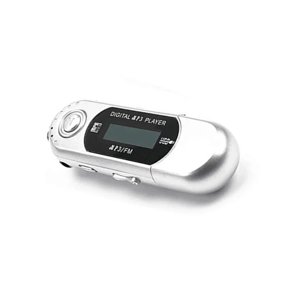Silver metallic mini mp3 player with black display panel mp3 fm labeling supports 32g tf card and finger control