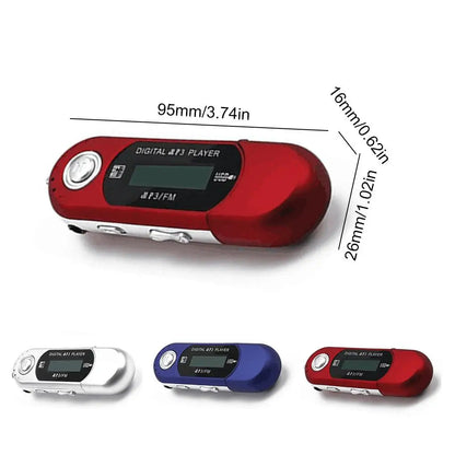Red plastic mini mp3 player with silver accents supports 32g tf card and features one finger control and lcd display
