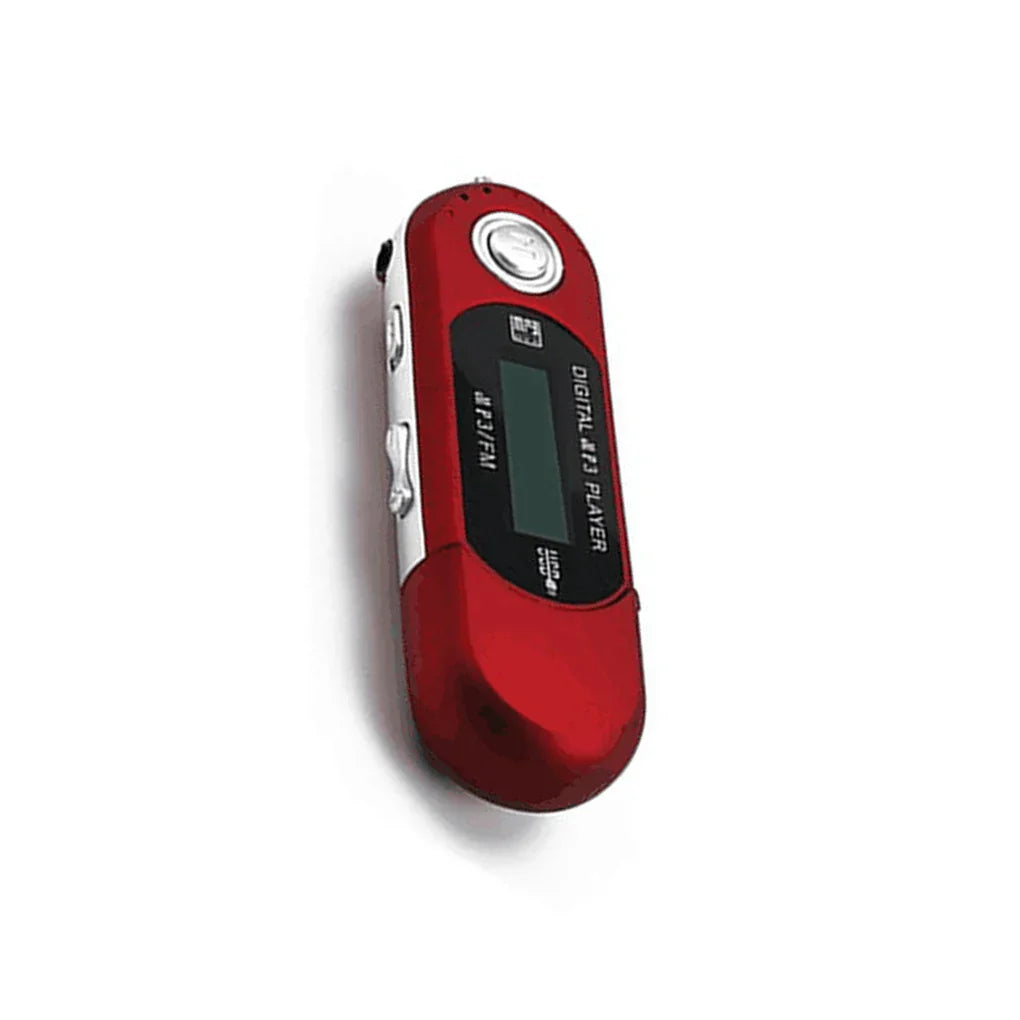 Red and silver mini mp3 player with sleek curved design featuring finger control and 32g tf card support