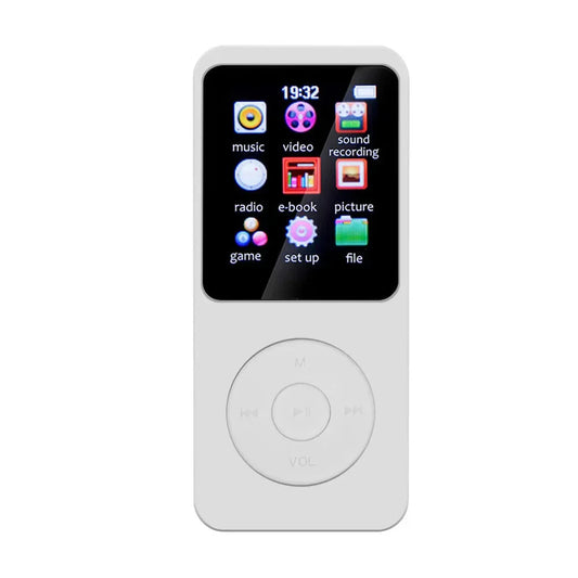White rectangular portable music player with touchscreen, circular control pad, support fm radio, and 1.8 inch built-in speaker