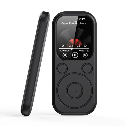 Black rectangular mini mp3 walkman with touchscreen and circular buttons for portable video music and sports use