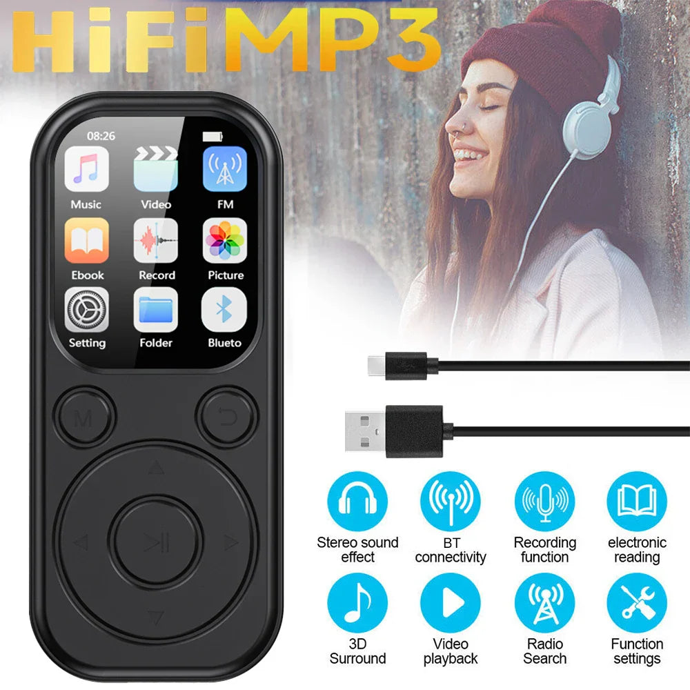 Black portable video music mp3 player with touchscreen and circular navigation buttons for sports and mini mp3 walkman use