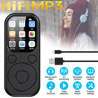 Black portable video music mp3 player with touchscreen and circular navigation buttons for sports and mini mp3 walkman use
