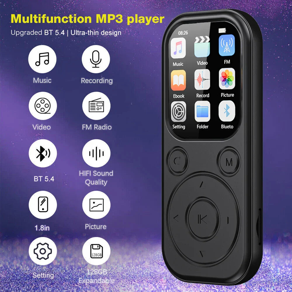 Black ultra-thin mini mp3 walkman with 1.8-inch touchscreen and bluetooth 5.4 for portable video music and sports use