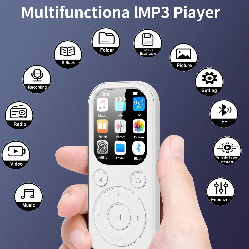 White multifunctional mini mp3 walkman with touchscreen and circular buttons for portable video music sports use