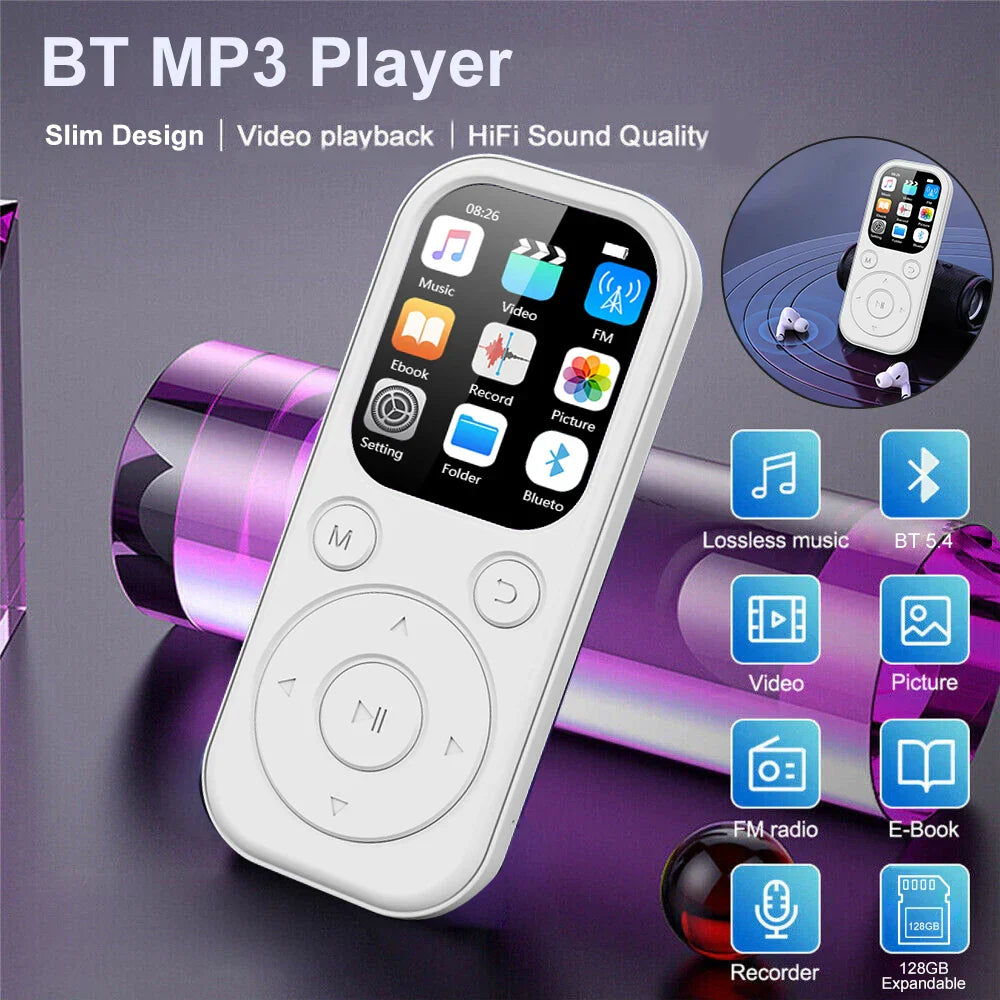 White plastic mini mp3 walkman with touchscreen and circular buttons for portable video music and sports use