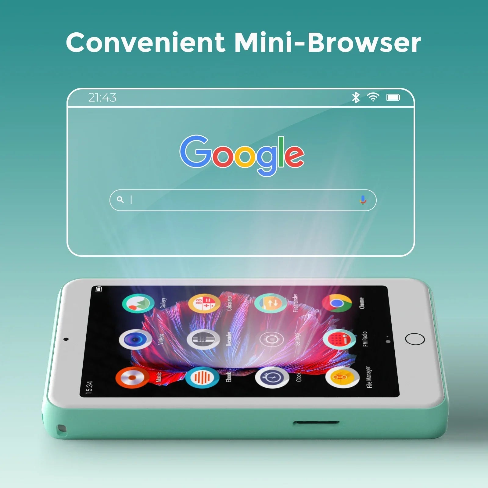 A sleek mint-green mp3 player bluetooth with speakers fm radio and ebooks capacity up to 512 gb showing colorful apps