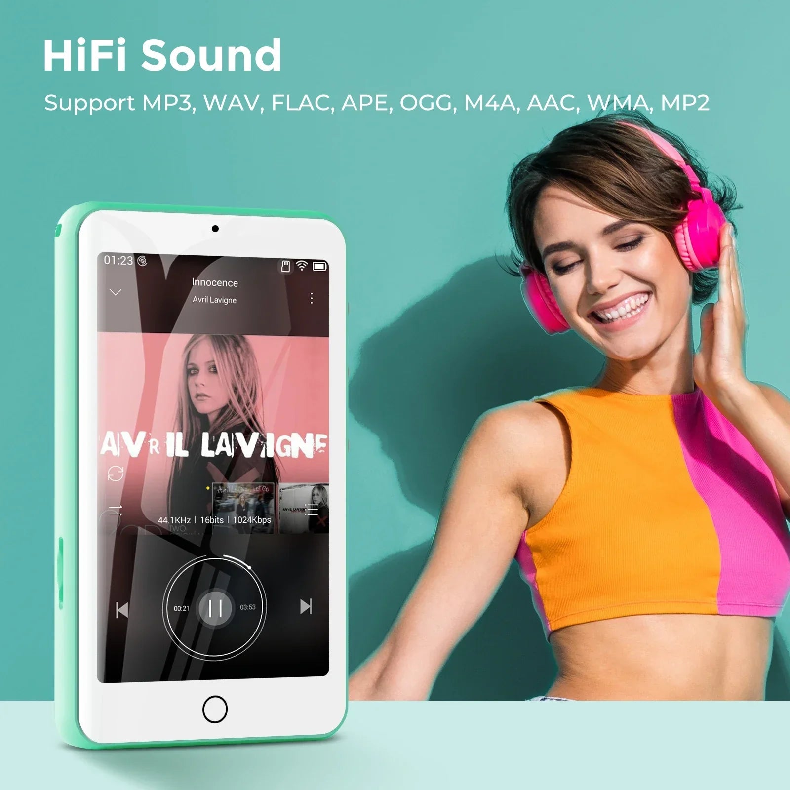 Mint green and white mp3 player bluetooth with touchscreen showing avril lavigne song featuring speakers fm radio ebooks capacity up to 512 gb