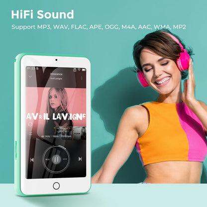 Mint green and white mp3 player bluetooth with touchscreen showing avril lavigne song featuring speakers fm radio ebooks capacity up to 512 gb