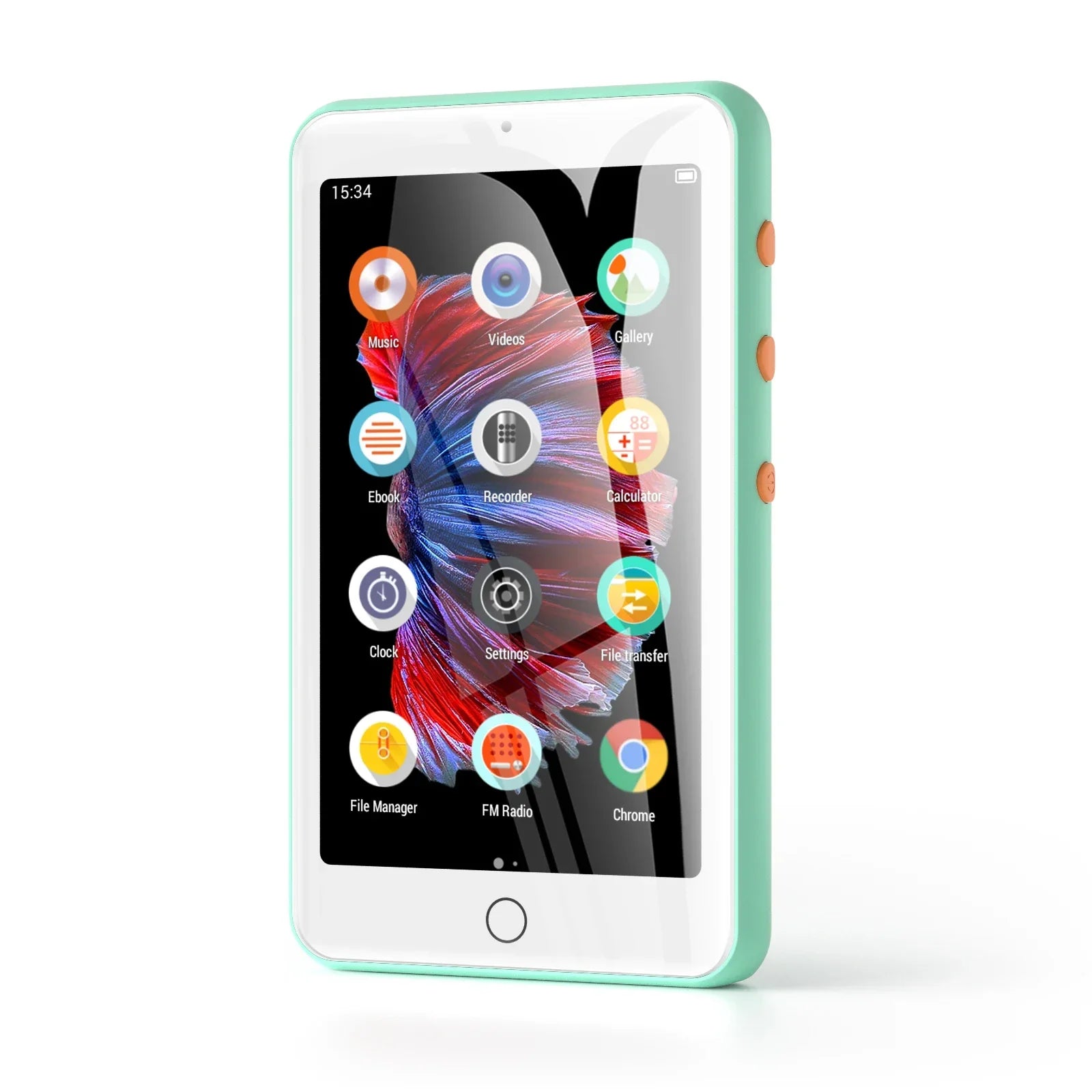 A mint green and white mp3 player bluetooth with speakers fm radio and ebooks capacity up to 512 GB showing a colorful fish wallpaper