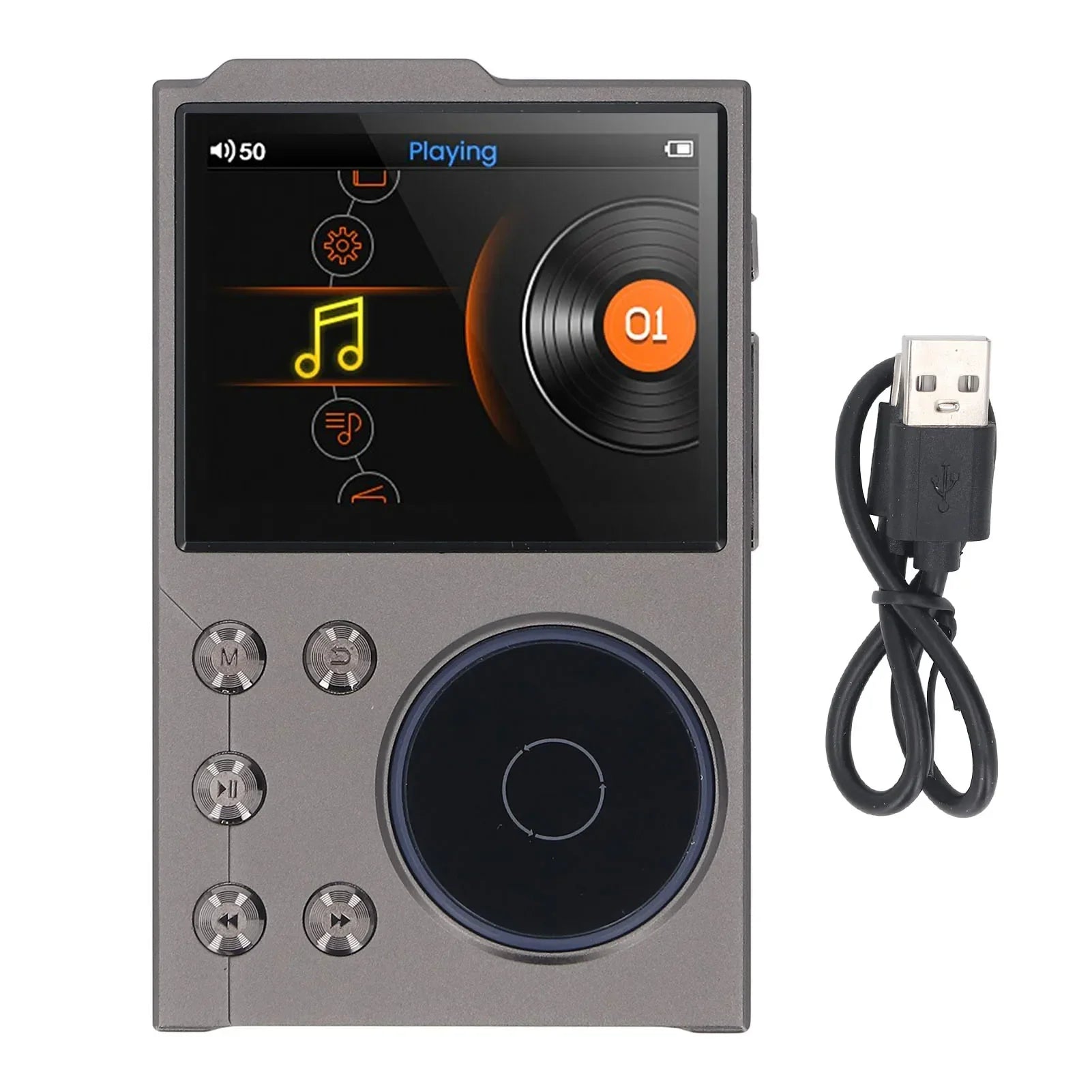 Gray metallic portable mp3 player with circular touchpad and illuminated screen supports lossless dsd flac hifi sound player