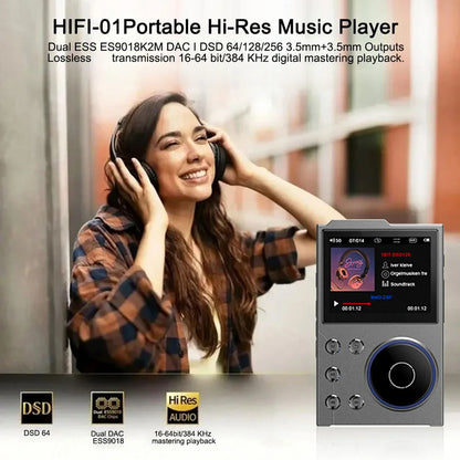 Silver hifi-01 portable mp3 player with circular control dial and black screen displaying lossless dsd flac album art
