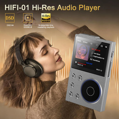 Silver hifi-01 portable mp3 player with lossless dsd flac support touchscreen and sleek metallic finish hifi sound player