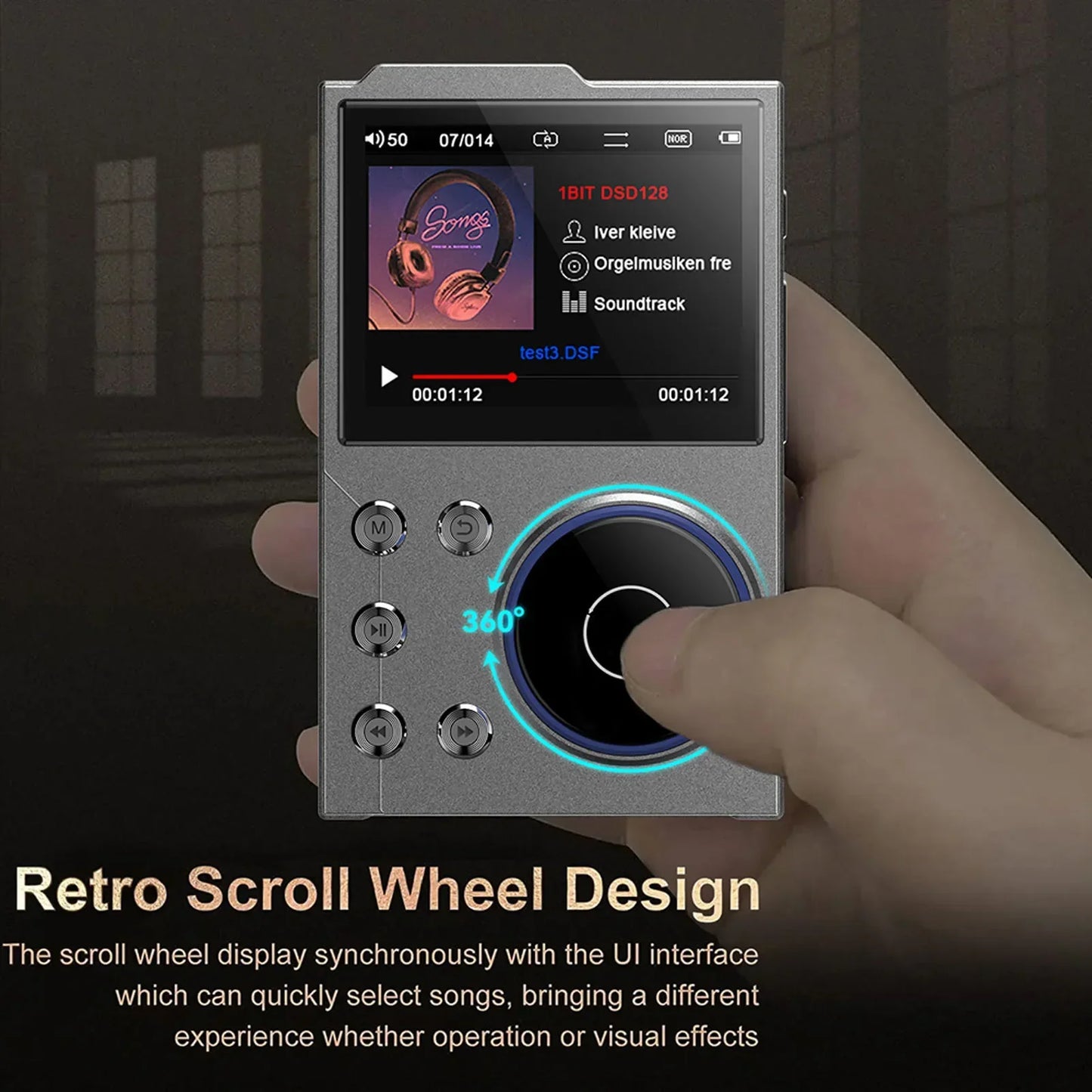 Silver portable mp3 player with circular scroll wheel touchscreen displaying album art lossless dsd flac hifi sound player