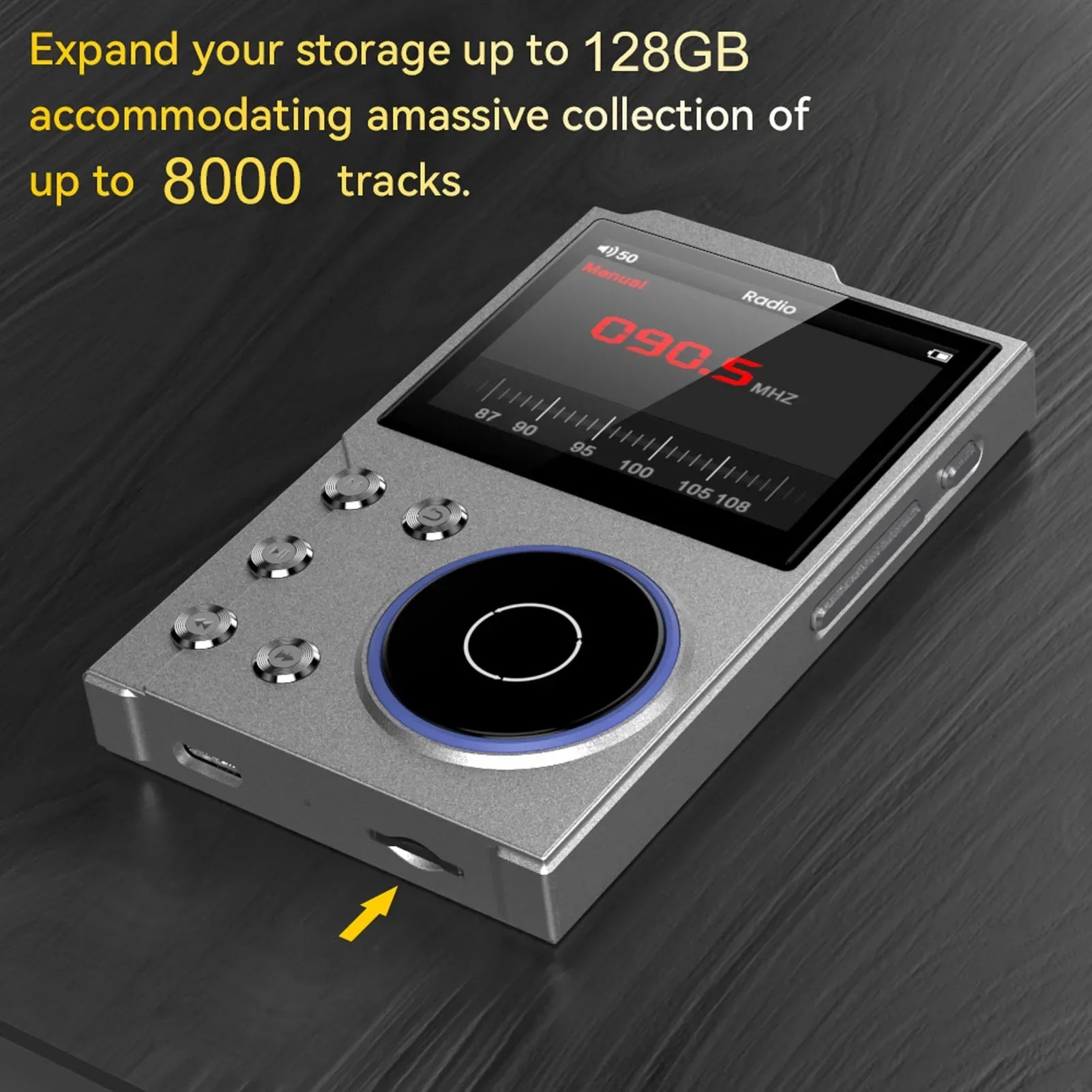 Silver metallic portable mp3 player with touchscreen and circular dial supporting lossless dsd flac hifi sound player
