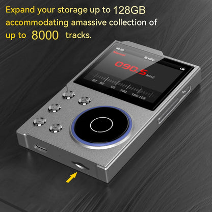 Silver metallic portable mp3 player with touchscreen and circular dial supporting lossless dsd flac hifi sound player