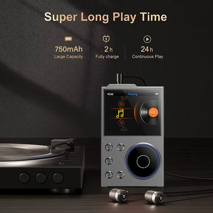 Silver rectangular portable mp3 player with circular touchscreen and blue-rimmed control dial for lossless dsd flac hi fi sound player