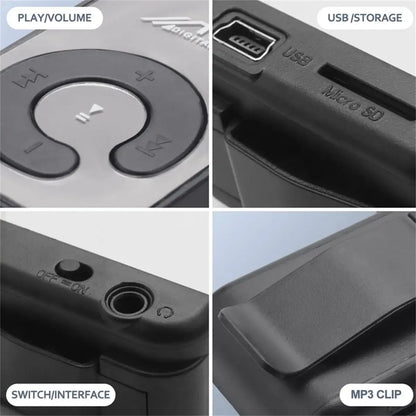 Black plastic mp3 player mini with circular control pad usb micro sd ports audio jack supports recording fm radio outdoor sports walkman