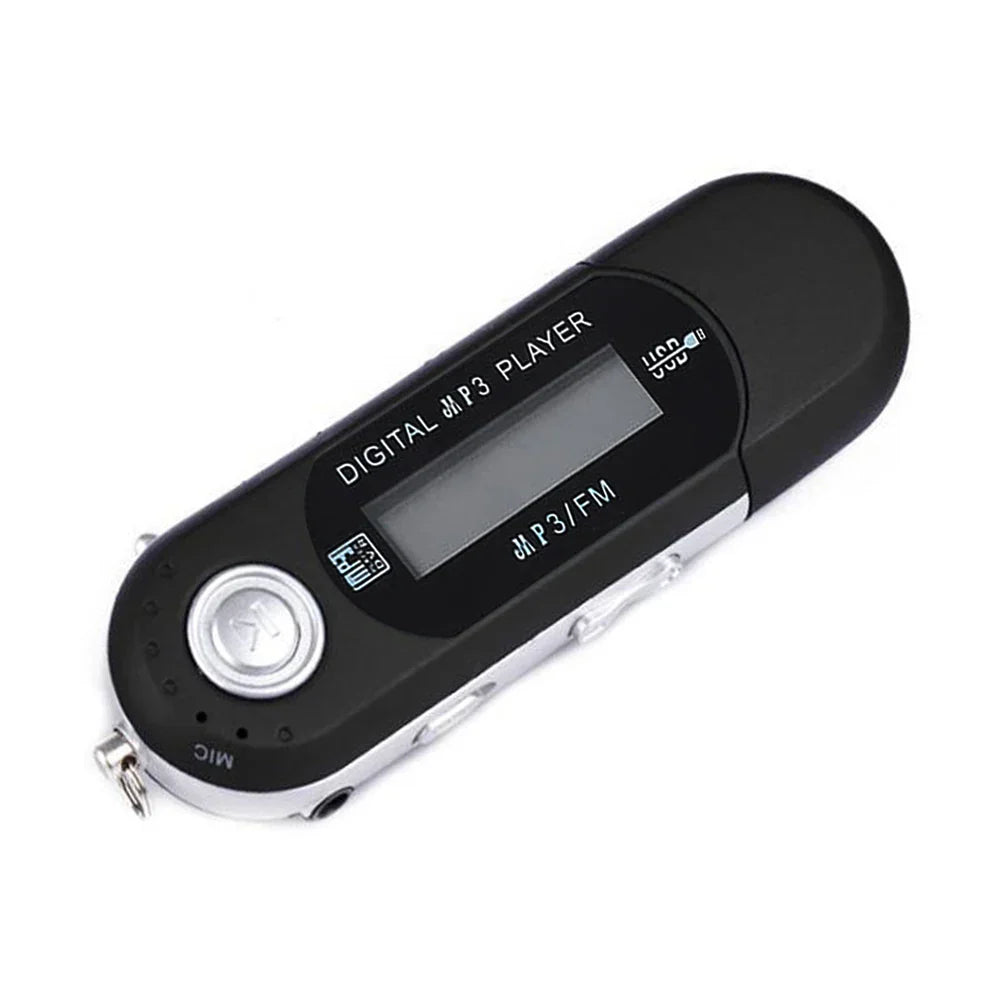Black and silver mp3 player music with small screen, circular control button, and strip USB pluggable for portable use
